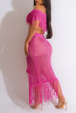 Sexy Solid Tassel Hollowed Out Backless Off the Shoulder Short Sleeve Two Pieces