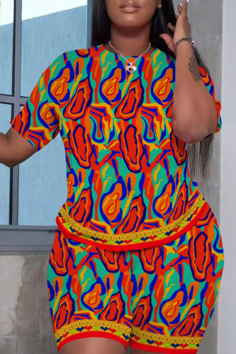 Casual Print Basic O Neck Short Sleeve Two Pieces