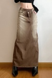 Casual Gradual Change Patchwork Slit Asymmetrical Mid Waist Skinny Denim Skirts