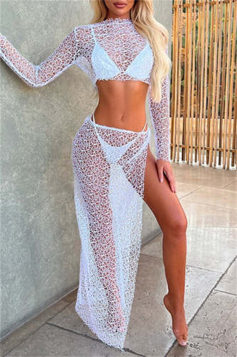 Sexy Solid See-through Slit O Neck Long Sleeve Two Pieces