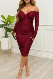 Casual Solid Fold Off the Shoulder Long Sleeve Dresses