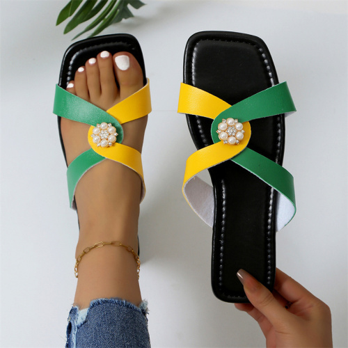 Casual Patchwork Pearl Contrast Square Comfortable Shoes