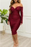 Casual Solid Fold Off the Shoulder Long Sleeve Dresses