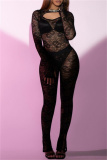 Sexy Solid Hollowed Out Patchwork See-through O Neck Long Sleeve Two Pieces