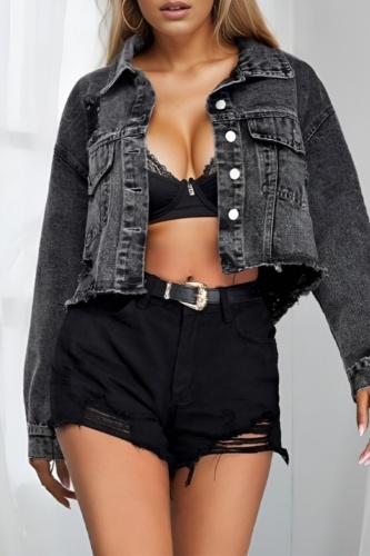 Casual Solid Ripped Cut Out Turndown Collar Long Sleeve Regular Denim Jacket