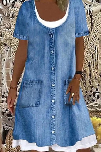 Casual Patchwork Contrast O Neck Short Sleeve Dress