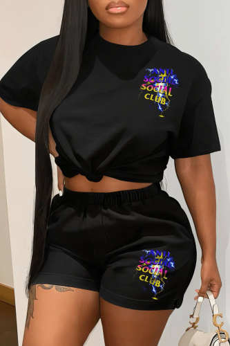 Casual Letter Print Basic O Neck Plus Size Two Pieces
