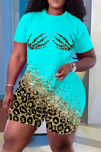 Casual Print Basic O Neck Short Sleeve Two Pieces