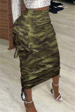 Casual Camouflage Print Draw String Frenulum Skinny High Waist Conventional Full Print Skirts