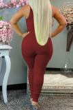 Burgundy Sexy Casual Solid Bandage Hollowed Out U Neck Skinny Jumpsuits