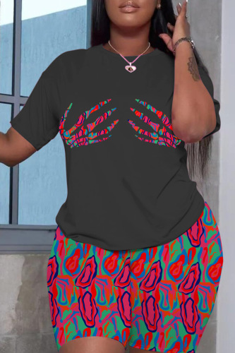 Casual Print Basic O Neck Short Sleeve Two Pieces
