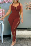 Black Sexy Casual Solid Bandage Hollowed Out U Neck Skinny Jumpsuits