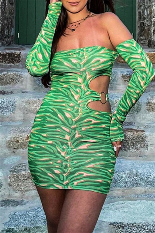 Sexy Print Hollowed Out Backless Off the Shoulder Long Sleeve Dresses