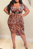 Yellow Fashion Casual Plus Size Print Leopard Patchwork V Neck Short Sleeve Dress (Without Belt)