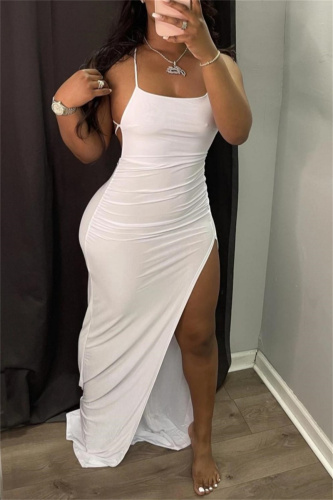 Sexy Casual Solid Backless Slit Spaghetti Strap Long Dress Dresses