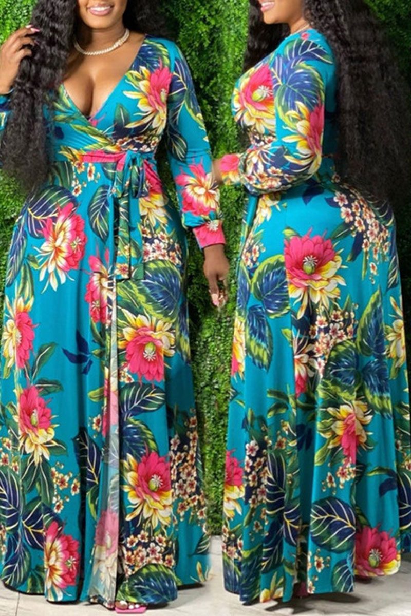 Sexy Elegant Print Frenulum V Neck Evening Dress Dresses(4 Colors)