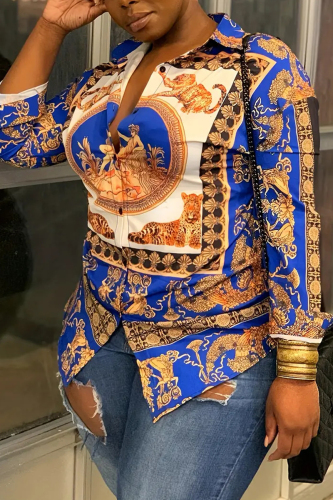 Turndown Collar Long Sleeve Print Patchwork Blouses & Shirts