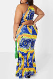 Yellow And Blue Fashion Sexy Print Hollowed Out O Neck Sleeveless Dress Plus Size Dresses