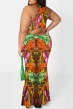 Tangerine Red Fashion Sexy Print Hollowed Out O Neck Sleeveless Dress Plus Size Dresses