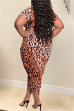 Coffee Fashion Casual Plus Size Print Leopard Patchwork V Neck Short Sleeve Dress (Without Belt)