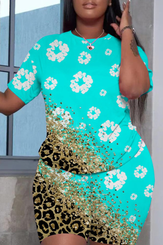 Casual Print Basic O Neck Short Sleeve Two Pieces