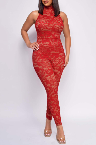 Sexy Solid See-through Turtleneck Skinny Jumpsuits