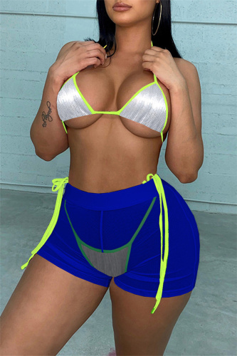 Royal Blue Sexy Solid Bandage Patchwork See-through Backless Halter Sleeveless Three-piece Set