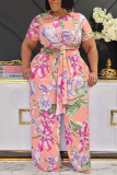 Orange Pink Casual Print Patchwork O Neck Plus Size Two Pieces