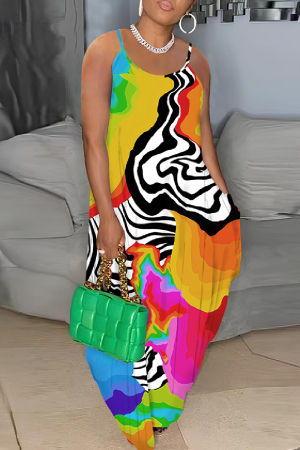 Rainbow Colorblock Sleeveless Backless Casual Loose Vacation Suspender Long Maxi Dress