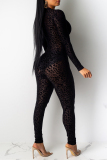 Sexy Leopard See-through Zipper Collar Skinny Jumpsuits