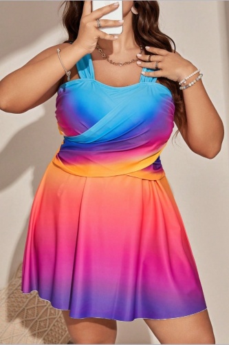 Casual Print Backless U Neck Plus Size Swimwear