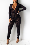 Sexy Leopard See-through Zipper Collar Skinny Jumpsuits