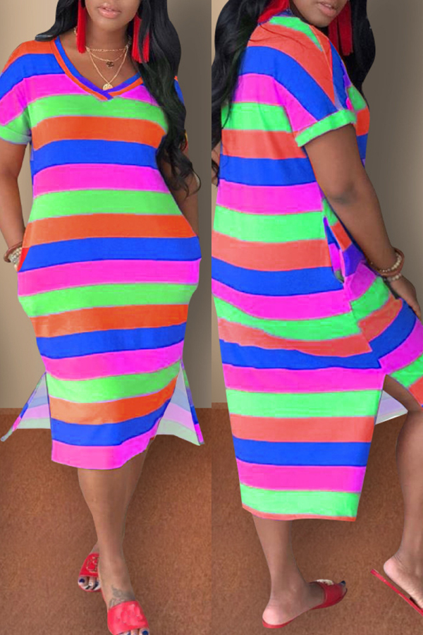 Casual Striped Print Slit V Neck Short Sleeve Dress