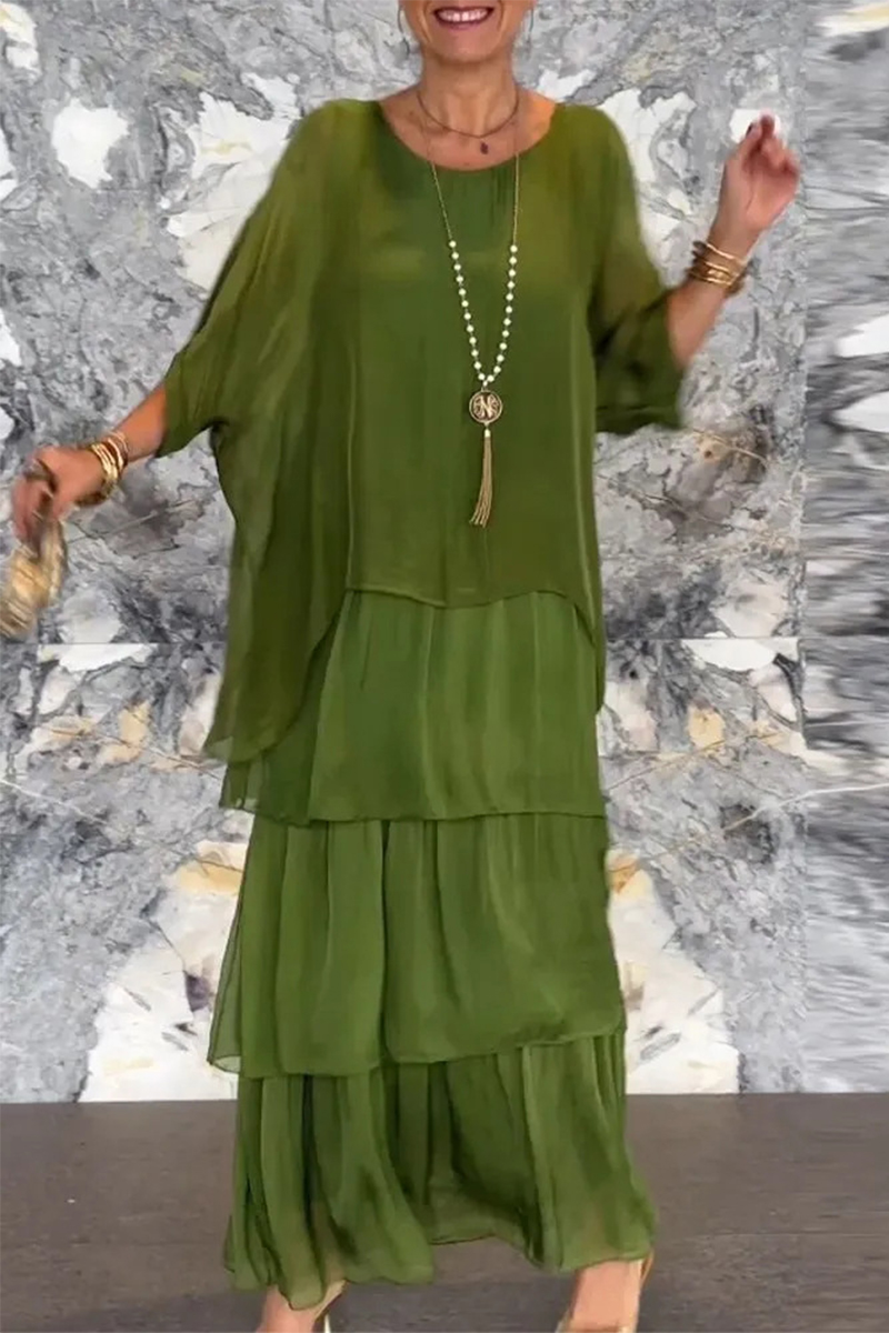Casual Solid Patchwork Flounce O Neck A Line Dresses