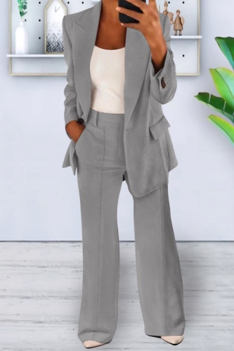 Casual Solid Cardigan Pants Turn-back Collar Long Sleeve Two Pieces