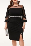 Casual Solid Patchwork See-through Slit O Neck Pencil Skirt Plus Size Dresses