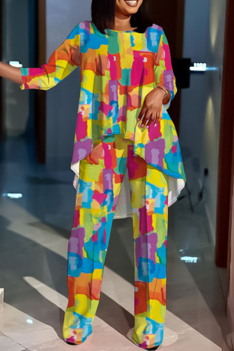 Casual Print Capris O Neck Plus Size Two Pieces