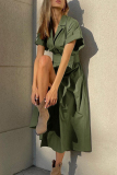 Casual Solid Buckle Turn-back Collar Shirt Dress Dresses