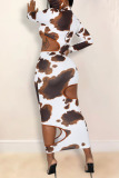 Sexy Print Hollowed Out Half A Turtleneck Long Sleeve Plus Size Dresses
