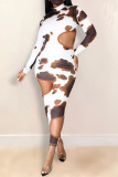 Sexy Print Hollowed Out Half A Turtleneck Long Sleeve Plus Size Dresses