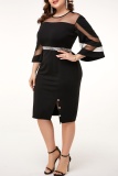 Casual Solid Patchwork See-through Slit O Neck Pencil Skirt Plus Size Dresses
