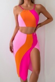 Sexy Patchwork Backless Slit Contrast Swimsuit Three Piece Set (With Paddings)