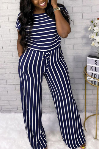 Fashion Casual Print Striped Patchwork bandage Short Sleeve O Neck Jumpsuits