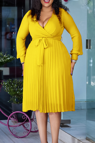 Elegant Solid Patchwork With Belt Pleated V Neck A Line Dresses