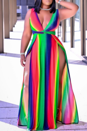 Sexy Print Slit V Neck Long Dress Plus Size Dresses