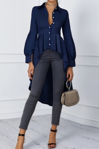 Casual Solid Patchwork Buttons Asymmetrical Shirt Collar Tops