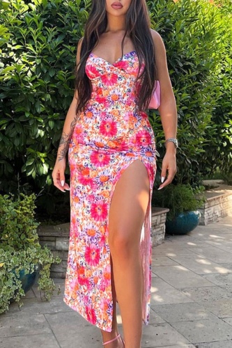 Sexy Casual Print Backless Slit Spaghetti Strap Long Dresses