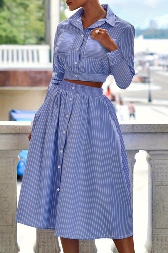 Casual Striped Patchwork Buttons Shirt Collar Long Sleeve Two Pieces Casual Striped Patchwork Buttons Shirt Collar Long Sleeve Two Pieces
