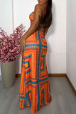 Tropical Print Sleeveless Hollow Out Tube One Shoulder Vacation Bodycon Cami Maxi Dress