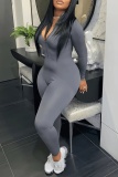 Casual Solid Basic Zipper Collar Skinny Jumpsuits